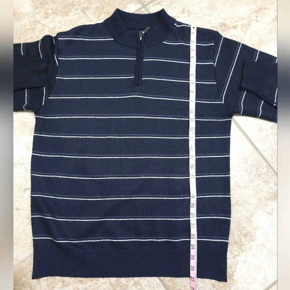 Line 48 Mens Large Navy Blue White Stripe 1/4 Zip Mock Neck Sweater Preppy VTG - Picture 8 of 8